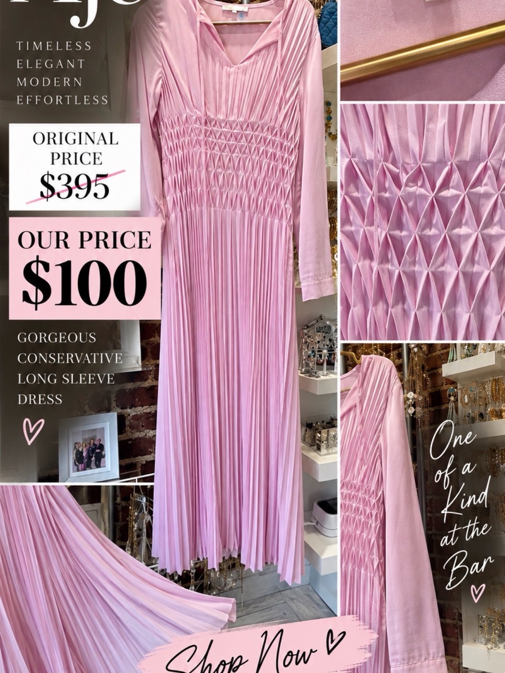 Maje Pink Pleated Long-Sleeve Smocked Waist Dress